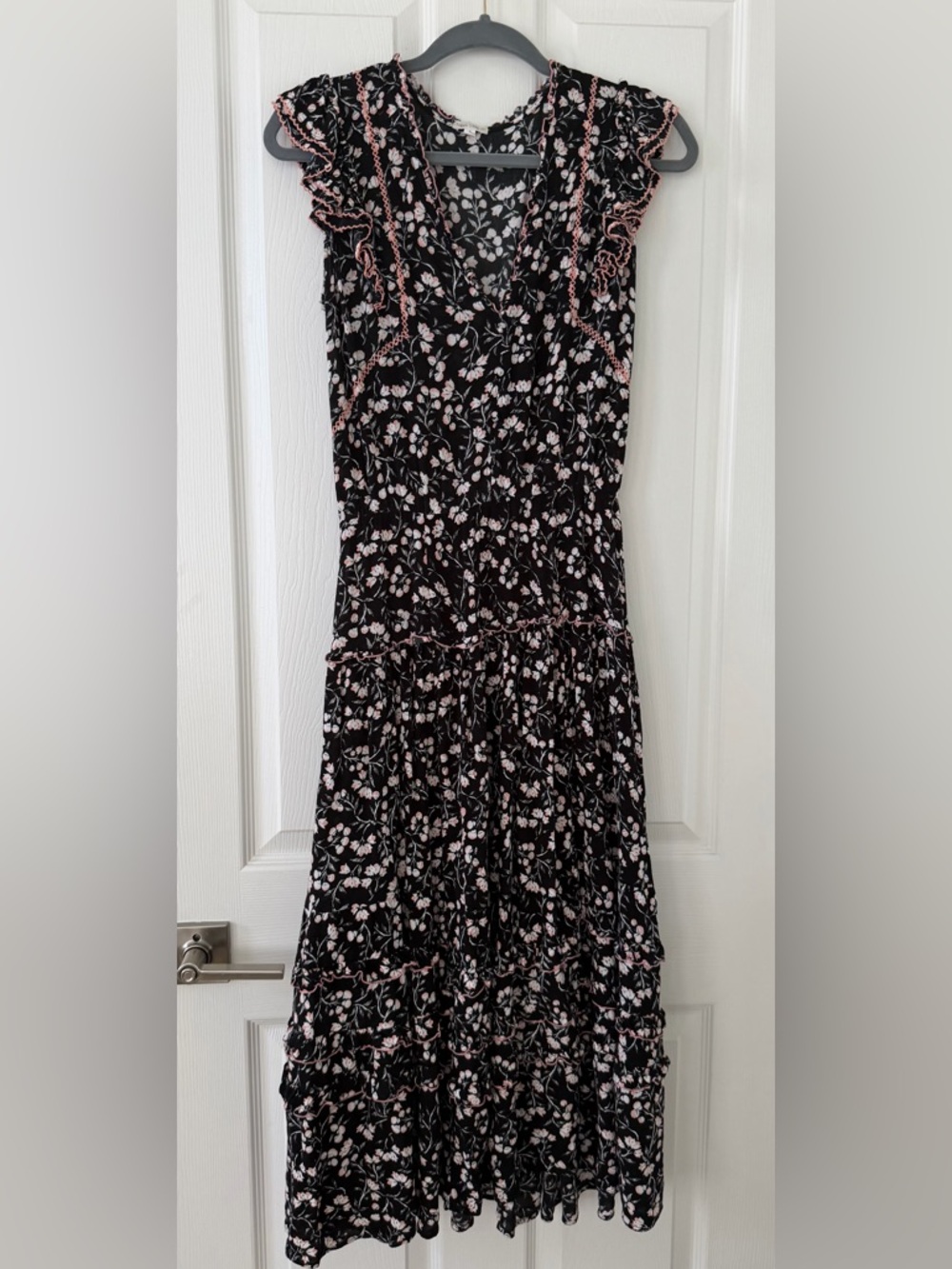 Poupette St. Barth Black Dress with Pink and White Floral Trim